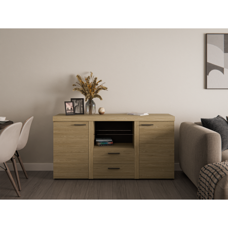 Komoda Ramon 2-drzwiowa z szufladami dąb olejowany szklana półka 156 cm